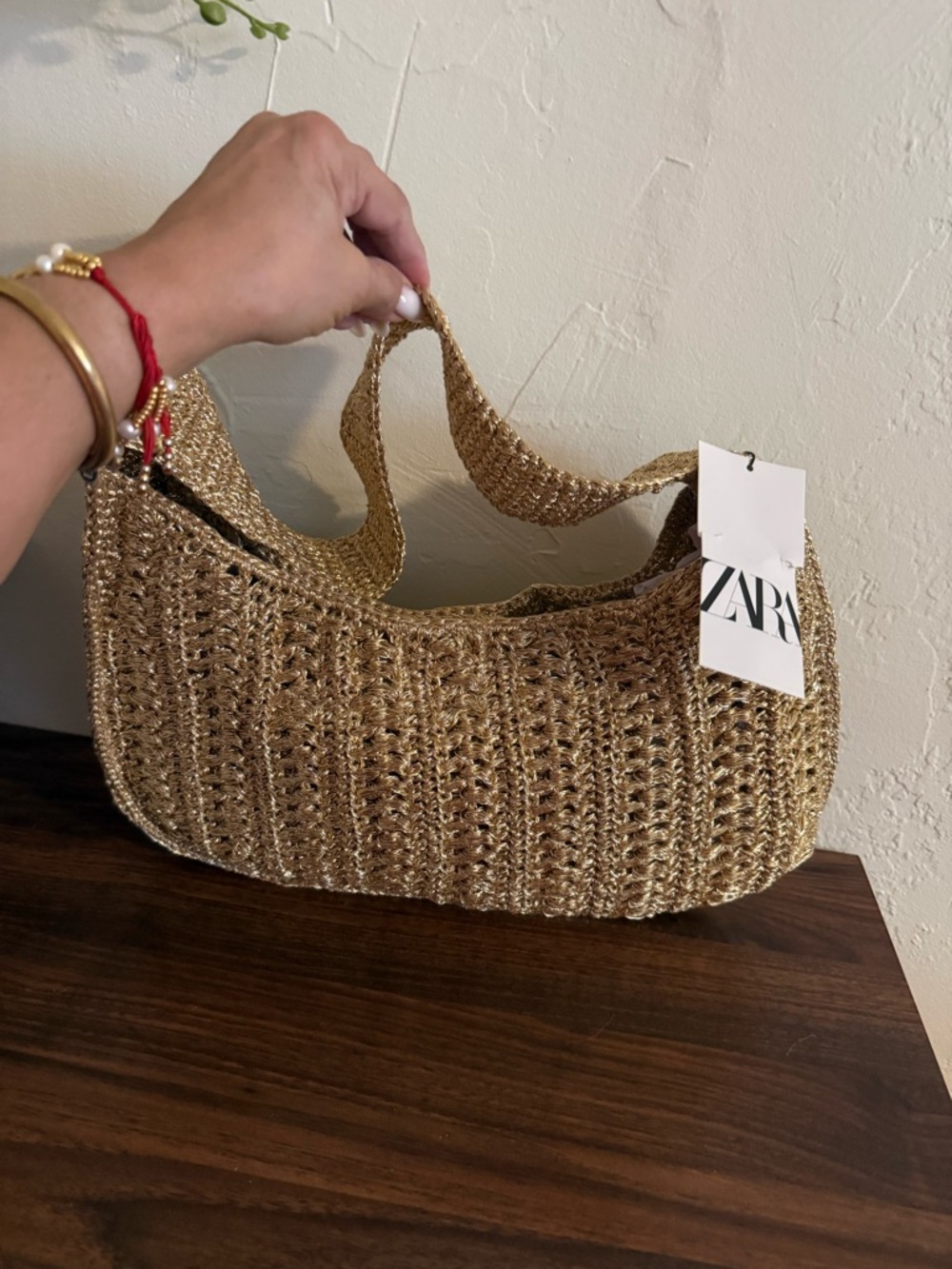 Zara Metallic Gold Woven Shoulder Bag